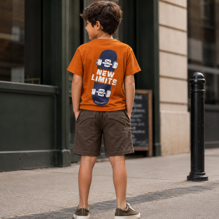 Kids Boys Combo Set with Mustard Active Play Tshirt, Brown Shorts & Olive Canvas Shoes