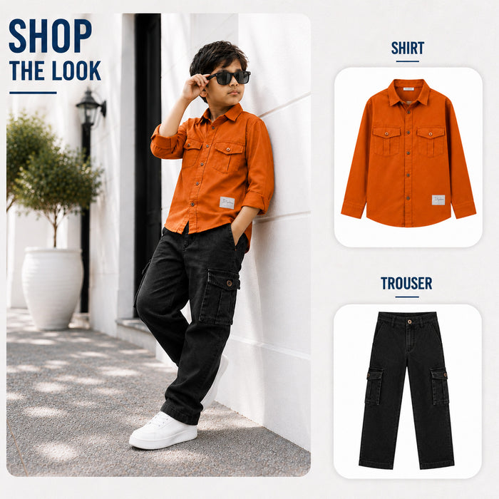 Kids Boys Combo Set with Mustard Casual Utility Shirt & Black Cargo Casual Jeans