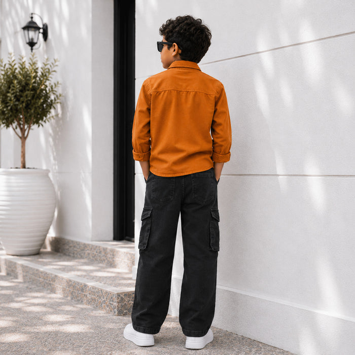 Kids Boys Combo Set with Mustard Casual Utility Shirt & Black Cargo Casual Jeans