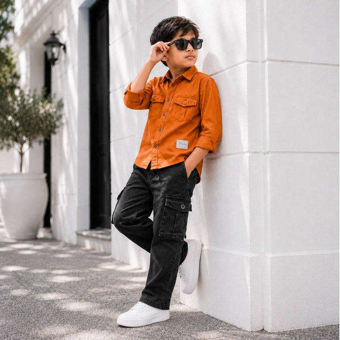 Kids Boys Combo Set with Mustard Casual Utility Shirt & Black Cargo Casual Jeans