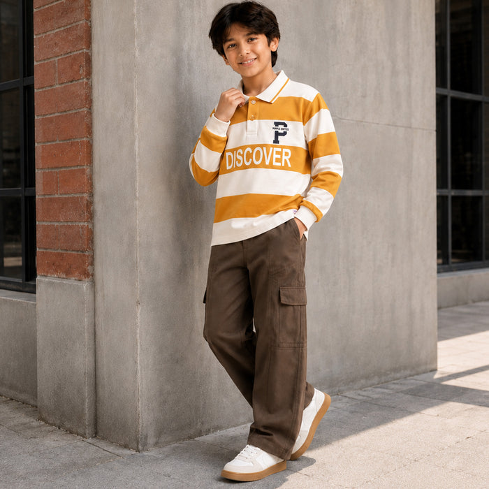 Kids Boys Combo Set with Mustard Full Sleeves Polo Tshirt & Olive Relaxed Fit Casual Trousers