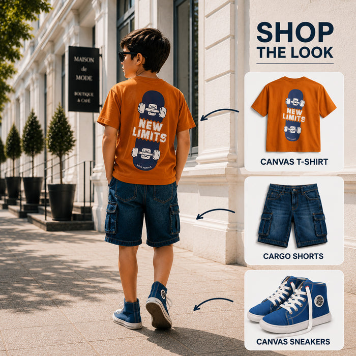 Kids Boys Combo Set with Mustard Play-Ready Tshirt, Blue Cargo Bermuda & Canvas Shoes
