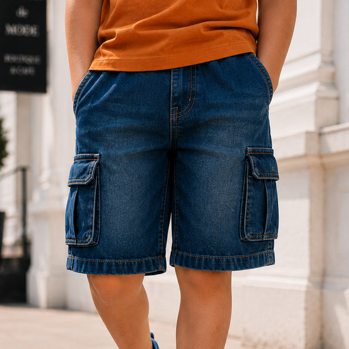 Kids Boys Combo Set with Mustard Play-Ready Tshirt, Blue Cargo Bermuda & Canvas Shoes