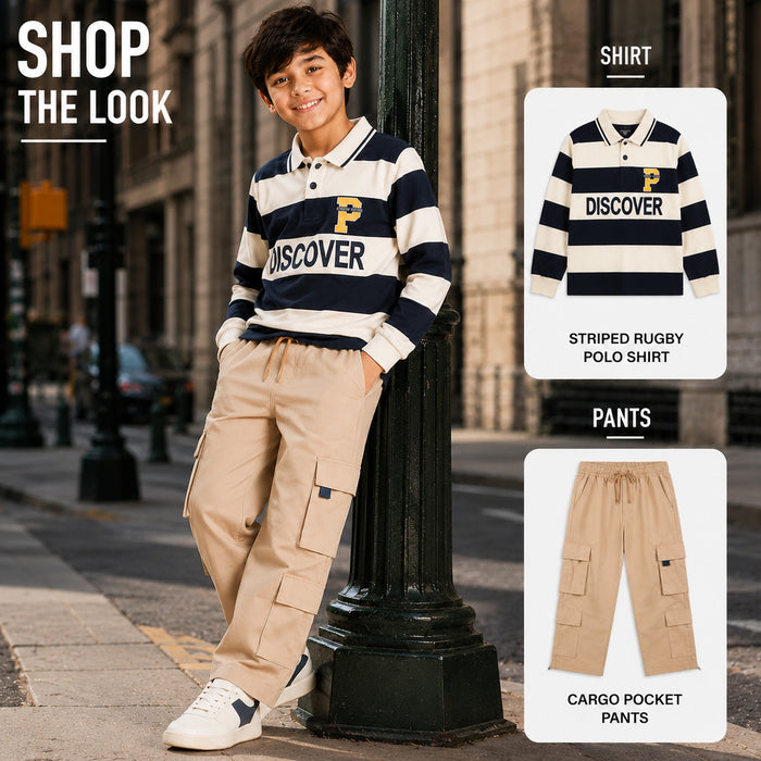 Kids Boys Combo Set with Navy Blue Striped Polo Tshirt & Beige Relaxed Fit Cargo Trousers