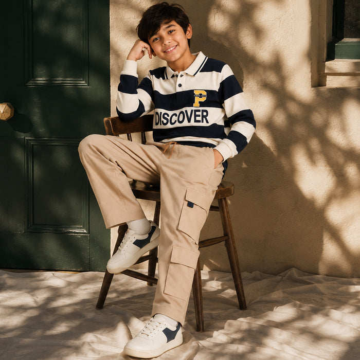 Kids Boys Combo Set with Navy Blue Striped Polo Tshirt & Beige Relaxed Fit Cargo Trousers