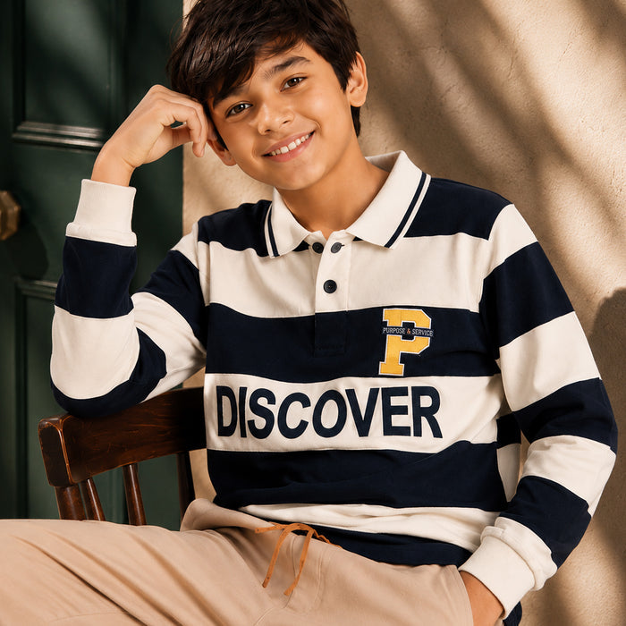 Kids Boys Combo Set with Navy Blue Striped Polo Tshirt & Beige Relaxed Fit Cargo Trousers
