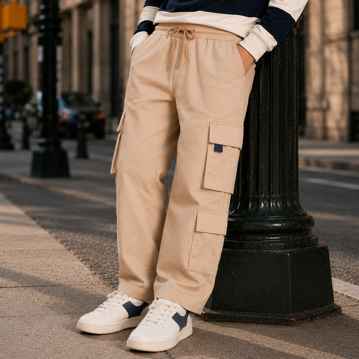Kids Boys Combo Set with Navy Blue Striped Polo Tshirt & Beige Relaxed Fit Cargo Trousers