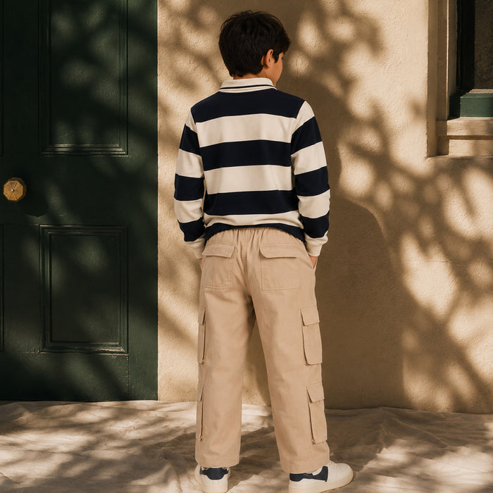 Kids Boys Combo Set with Navy Blue Striped Polo Tshirt & Beige Relaxed Fit Cargo Trousers