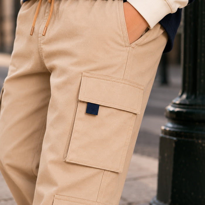 Kids Boys Combo Set with Navy Blue Striped Polo Tshirt & Beige Relaxed Fit Cargo Trousers