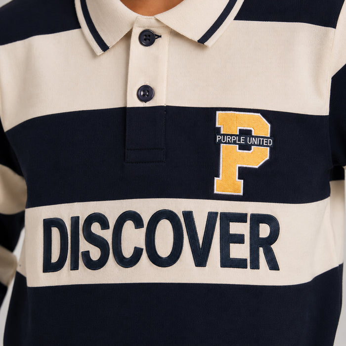 Kids Boys Combo Set with Navy Blue Striped Polo Tshirt & Beige Relaxed Fit Cargo Trousers