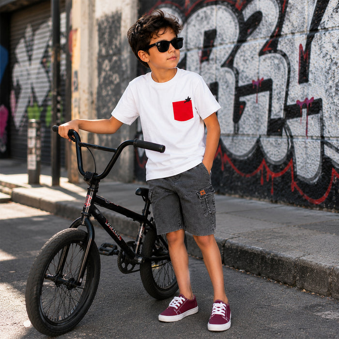 Kids Boys Combo Set with Off White Comfort Tshirt, Grey Cargo Bermuda & Maroon Canvas Shoes