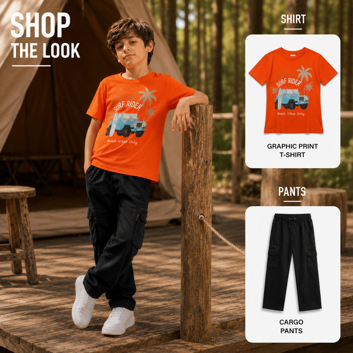 Kids Boys Combo Set with Orange Graphic Tshirt & Black Cargo Trousers for Casual Style