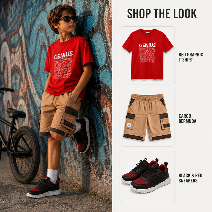Kids Boys Combo Set with Red Everday Tshirt, Beige Cargo Bermuda & Black Red Sports Shoes