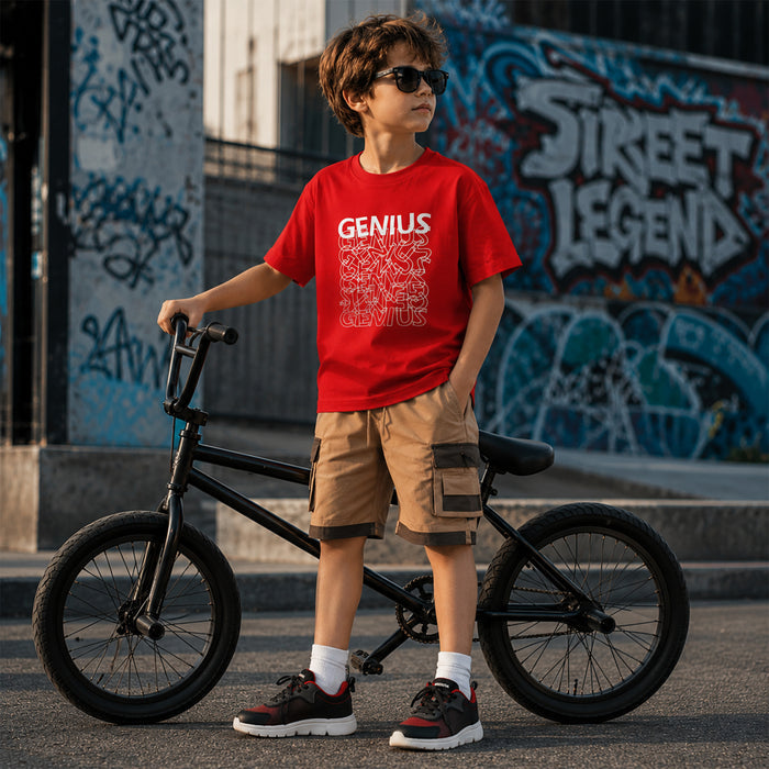 Kids Boys Combo Set with Red Everday Tshirt, Beige Cargo Bermuda & Black Red Sports Shoes
