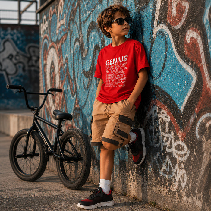 Kids Boys Combo Set with Red Everday Tshirt, Beige Cargo Bermuda & Black Red Sports Shoes