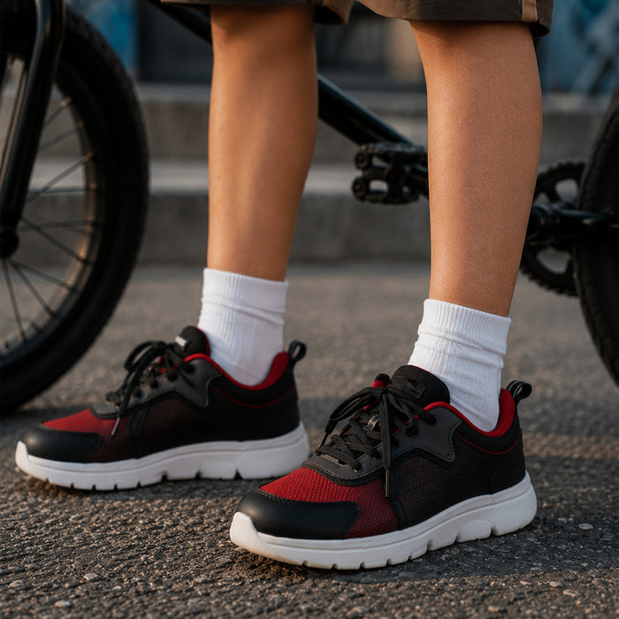 Kids Boys Combo Set with Red Everday Tshirt, Beige Cargo Bermuda & Black Red Sports Shoes