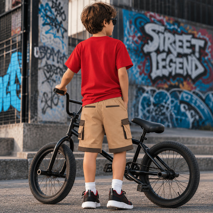Kids Boys Combo Set with Red Everday Tshirt, Beige Cargo Bermuda & Black Red Sports Shoes