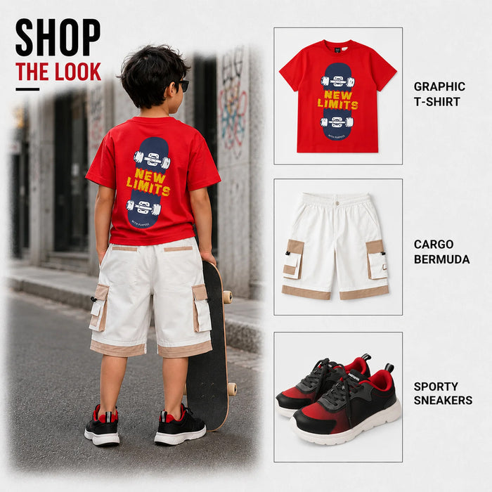 Kids Boys Combo Set with Red Soft Fabric Tshirt, White Cargo Bermuda & Black Red Sports Shoes