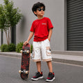 Kids Boys Combo Set with Red Soft Fabric Tshirt, White Cargo Bermuda & Black Red Sports Shoes