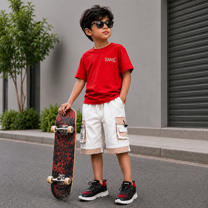 Kids Boys Combo Set with Red Soft Fabric Tshirt, White Cargo Bermuda & Black Red Sports Shoes