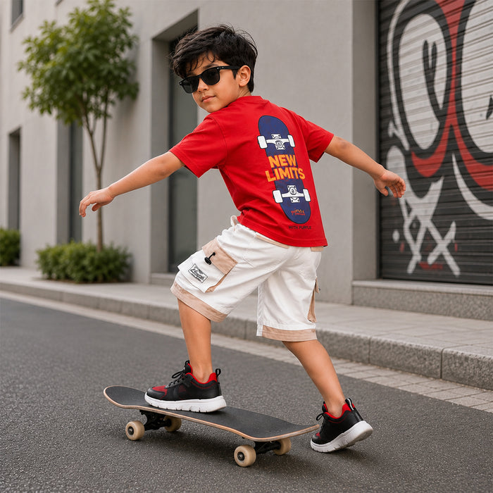 Kids Boys Combo Set with Red Soft Fabric Tshirt, White Cargo Bermuda & Black Red Sports Shoes