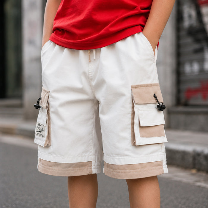 Kids Boys Combo Set with Red Soft Fabric Tshirt, White Cargo Bermuda & Black Red Sports Shoes