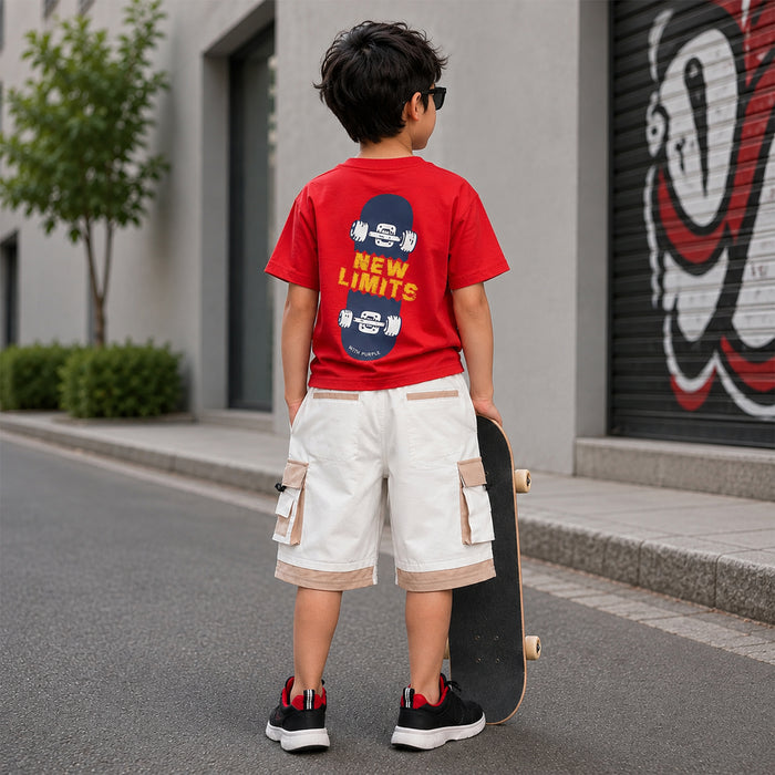 Kids Boys Combo Set with Red Soft Fabric Tshirt, White Cargo Bermuda & Black Red Sports Shoes
