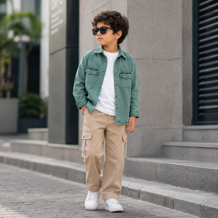 Kids Boys Combo Set with Sage Green Casual Shirt & Beige Utility All Day Comfort Trouser