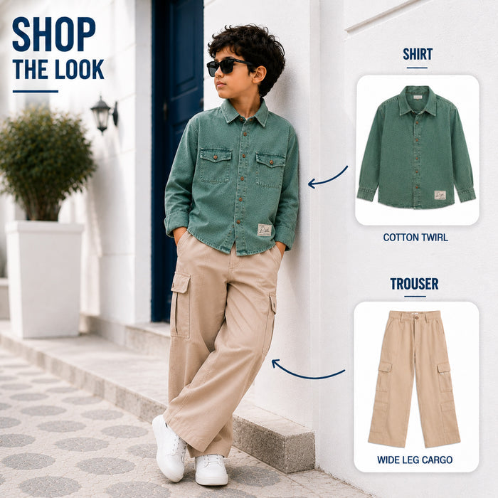 Kids Boys Combo Set with Sage Green Casual Shirt & Beige Utility All Day Comfort Trouser