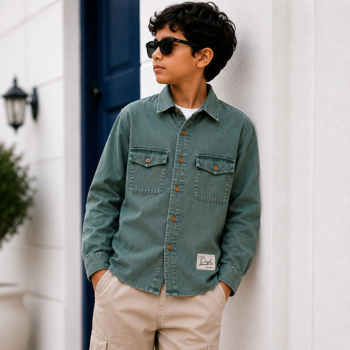 Kids Boys Combo Set with Sage Green Casual Shirt & Beige Utility All Day Comfort Trouser