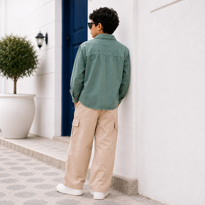 Kids Boys Combo Set with Sage Green Casual Shirt & Beige Utility All Day Comfort Trouser