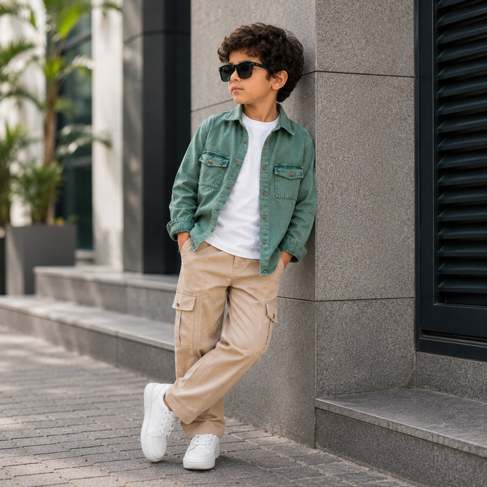 Kids Boys Combo Set with Sage Green Casual Shirt & Beige Utility All Day Comfort Trouser