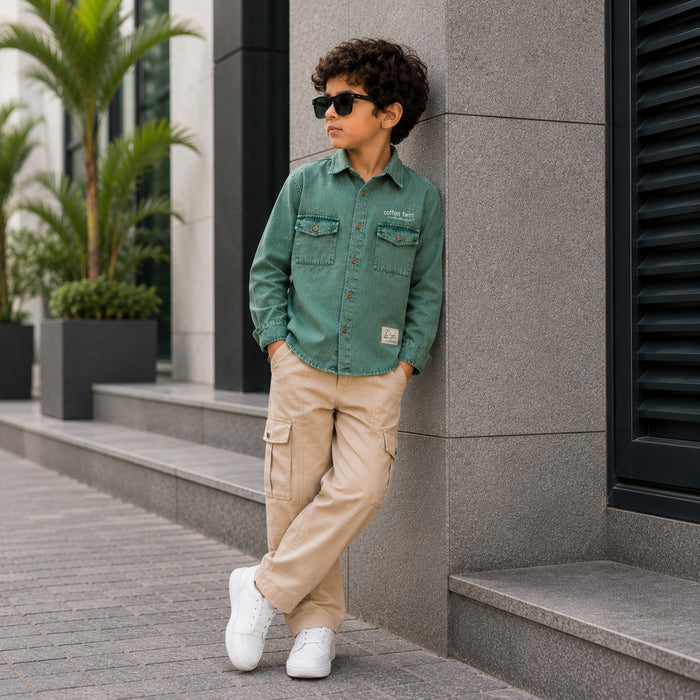 Kids Boys Combo Set with Sage Green Casual Shirt & Beige Utility All Day Comfort Trouser
