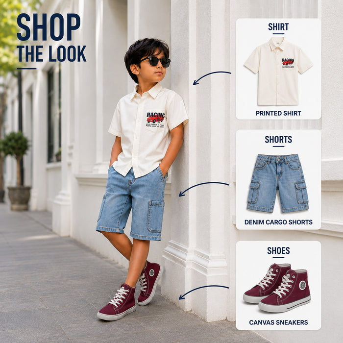 Kids Boys Combo Set with White Casual Shirt, Mid Blue Cargo Bermuda & Maroon Canvas Shoes