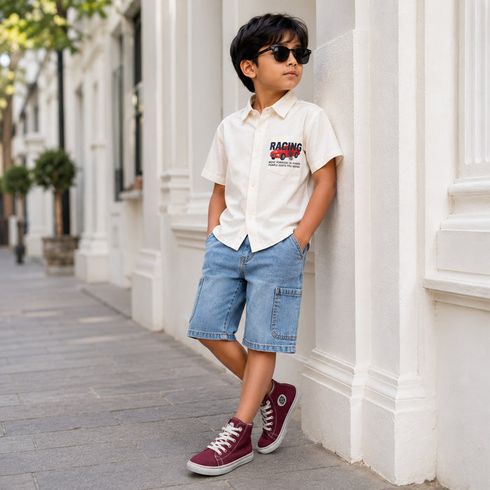 Kids Boys Combo Set with White Casual Shirt, Mid Blue Cargo Bermuda & Maroon Canvas Shoes