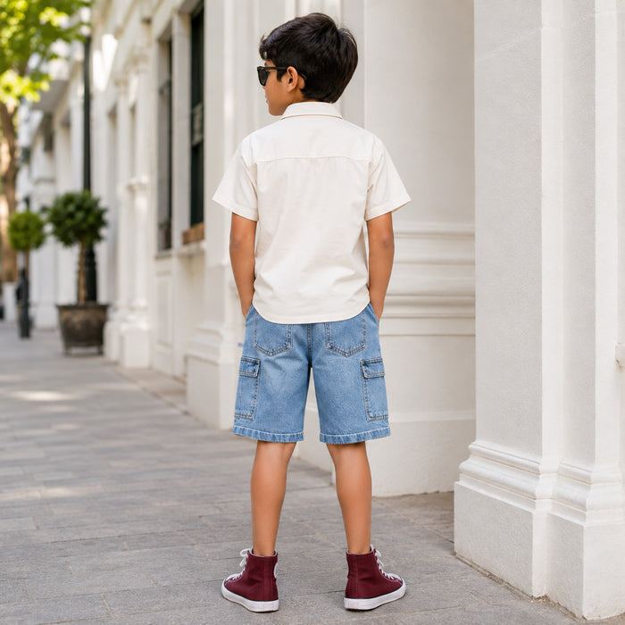 Kids Boys Combo Set with White Casual Shirt, Mid Blue Cargo Bermuda & Maroon Canvas Shoes