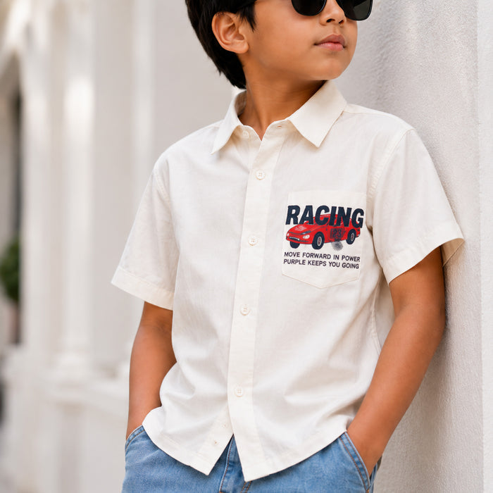 Kids Boys Combo Set with White Casual Shirt, Mid Blue Cargo Bermuda & Maroon Canvas Shoes