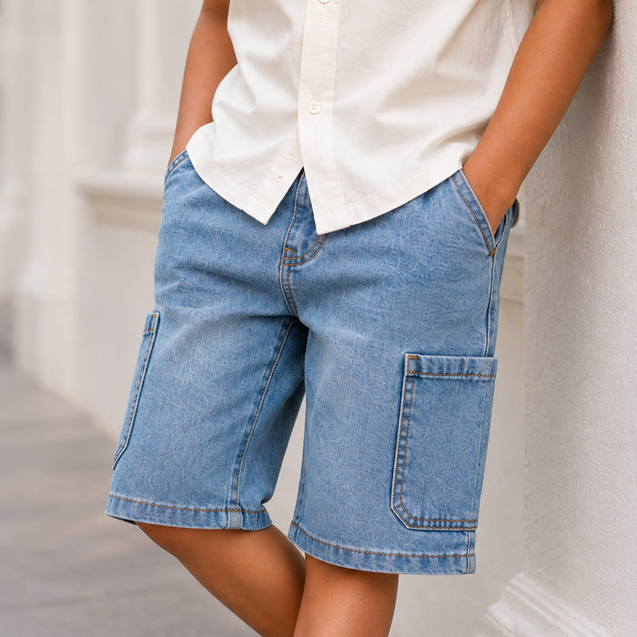 Kids Boys Combo Set with White Casual Shirt, Mid Blue Cargo Bermuda & Maroon Canvas Shoes