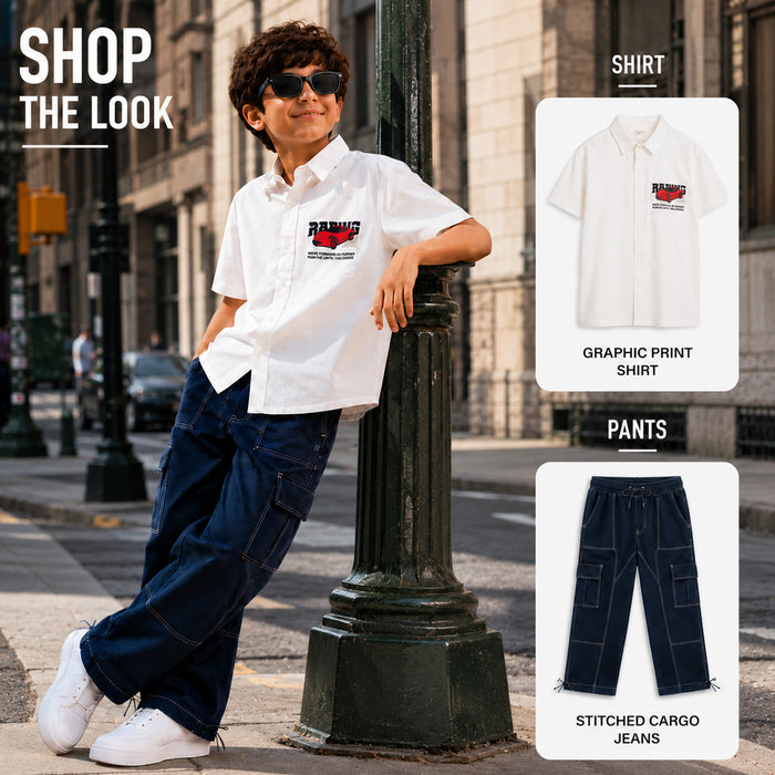 Kids Boys Combo Set with White Casual Style Shirt & Navy Blue Cargo Relaxed Fit Trousers