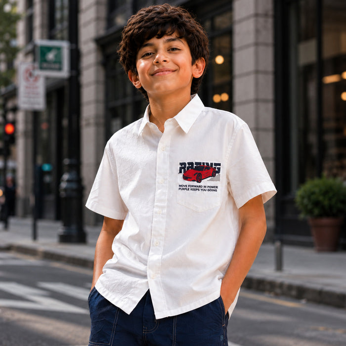 Kids Boys Combo Set with White Casual Style Shirt & Navy Blue Cargo Relaxed Fit Trousers