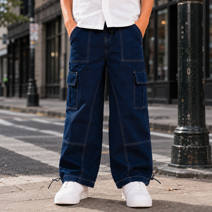 Kids Boys Combo Set with White Casual Style Shirt & Navy Blue Cargo Relaxed Fit Trousers
