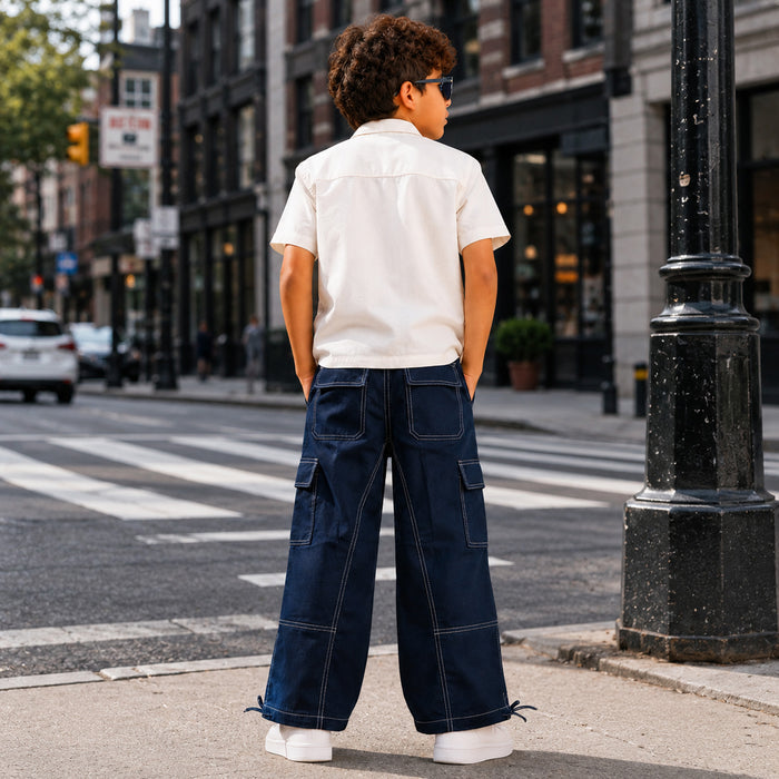 Kids Boys Combo Set with White Casual Style Shirt & Navy Blue Cargo Relaxed Fit Trousers