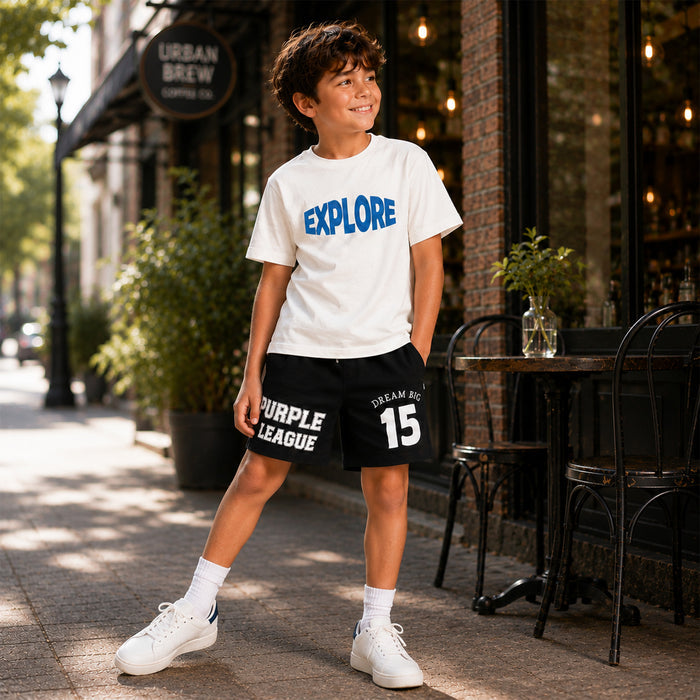 Kids Boys Combo Set with White Casual Tshirt & Black Printed Drawstring Shorts
