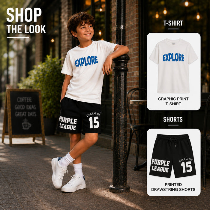 Kids Boys Combo Set with White Casual Tshirt & Black Printed Drawstring Shorts