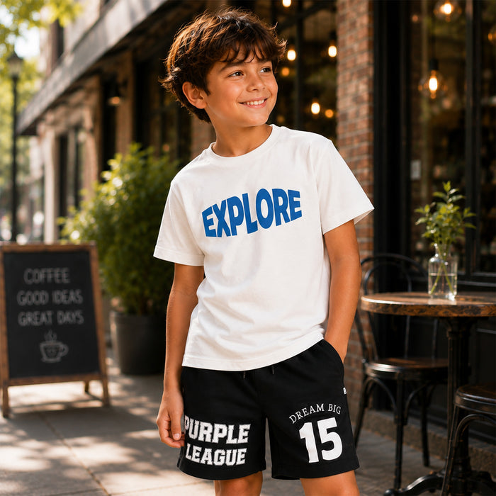 Kids Boys Combo Set with White Casual Tshirt & Black Printed Drawstring Shorts