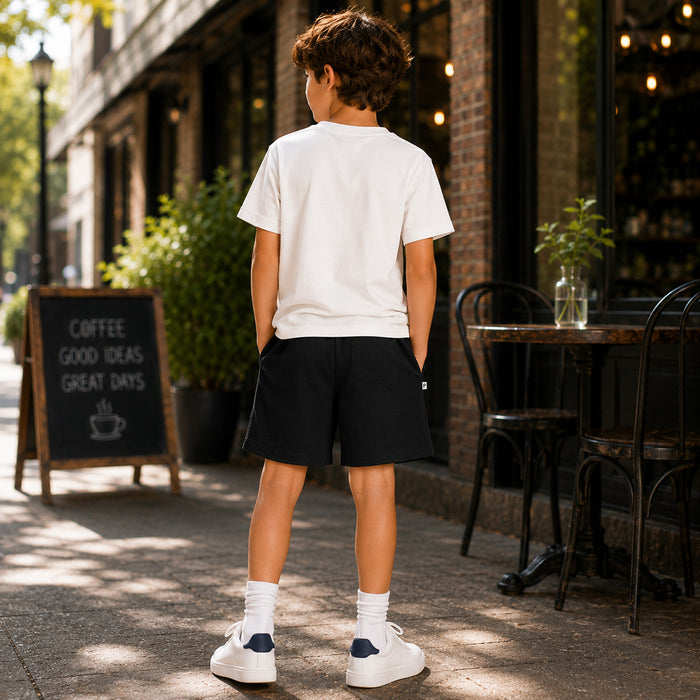 Kids Boys Combo Set with White Casual Tshirt & Black Printed Drawstring Shorts