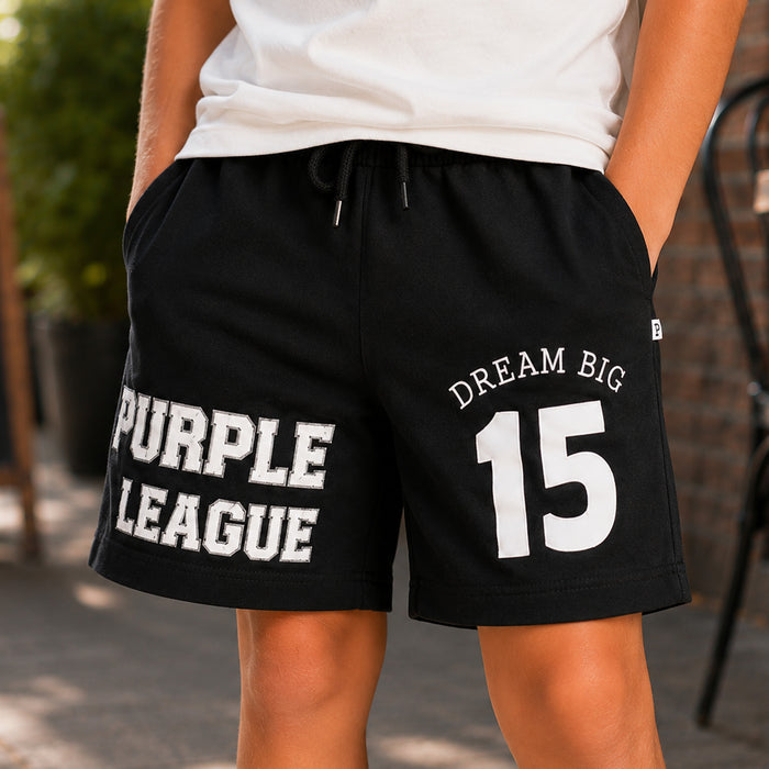 Kids Boys Combo Set with White Casual Tshirt & Black Printed Drawstring Shorts