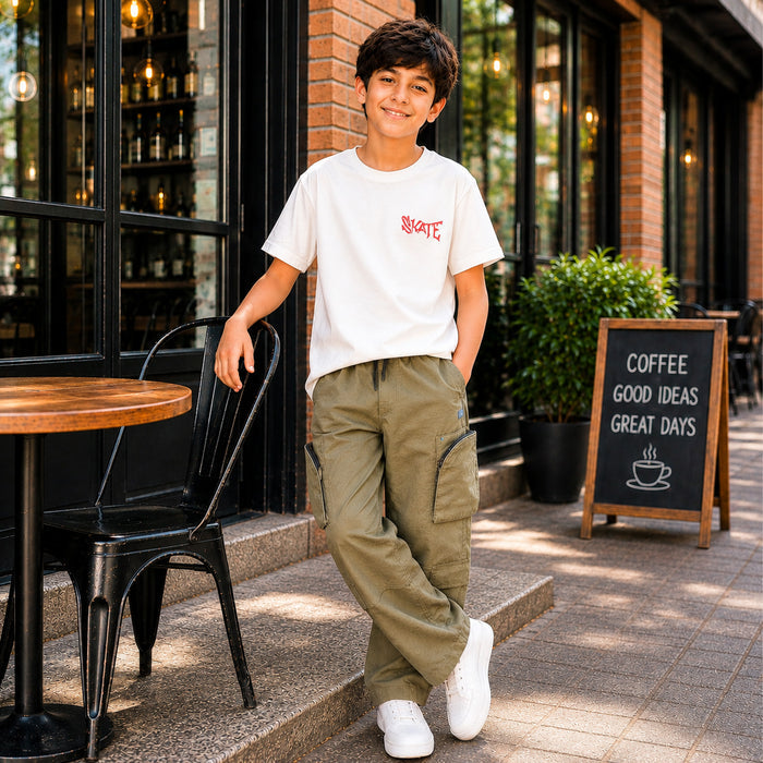 Kids Boys Combo Set with White Casual Tshirt & Olive Cargo Streetwear Style Trousers