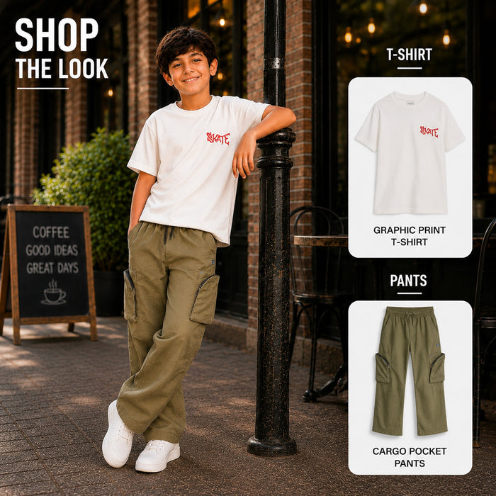 Kids Boys Combo Set with White Casual Tshirt & Olive Cargo Streetwear Style Trousers