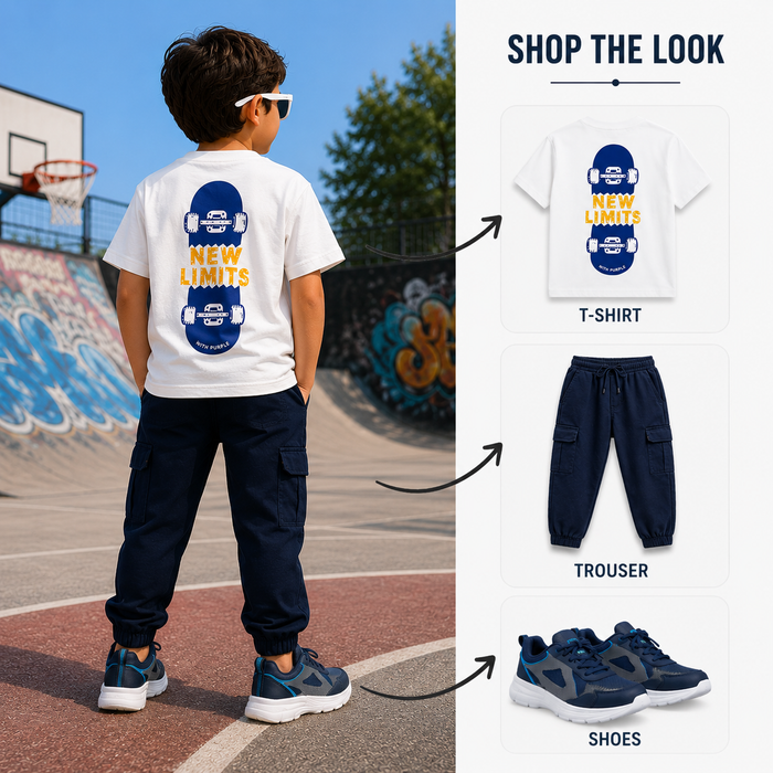 Kids Boys Combo Set with White Everyday Comfort Tshirt, Navy Cargo Trousers & Navy Sports Shoes